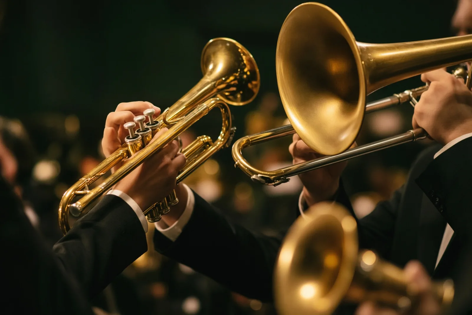 Nærbilde av trompeter og trombone i varmt scenelys.