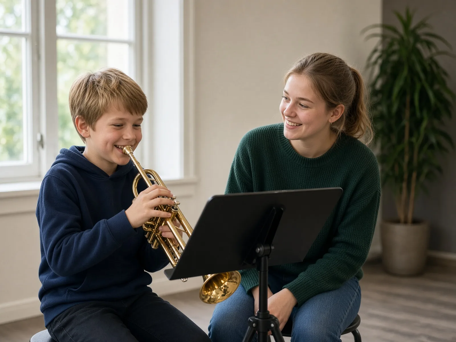 En eldre korpsmusiker hjelper et yngre barn med trompeten.