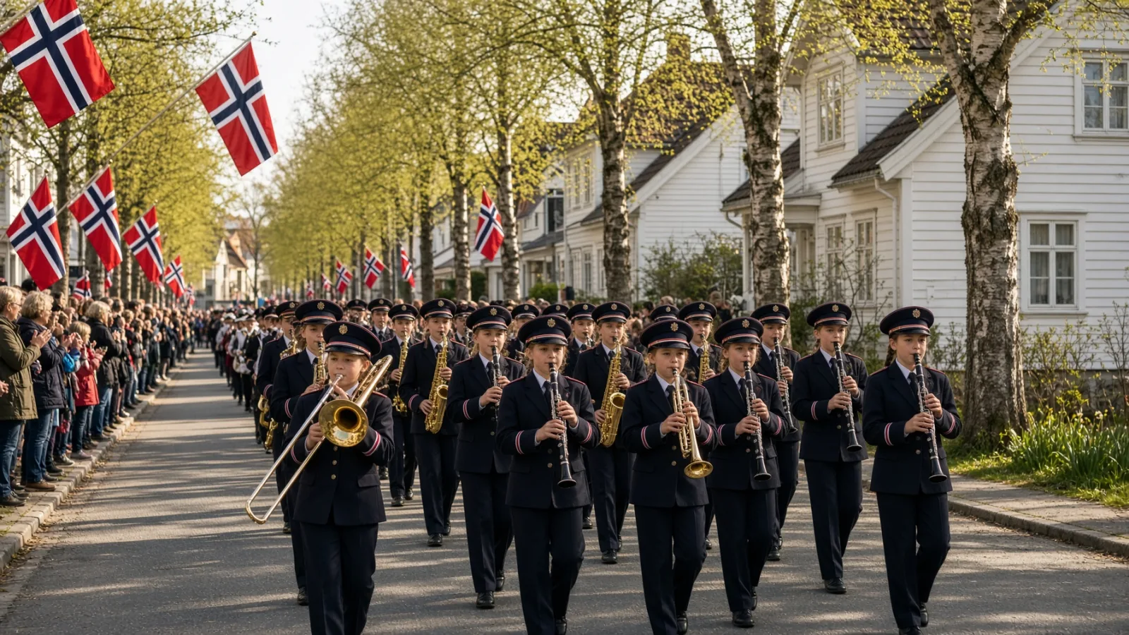 Skolekorps i 17. mai-toget i en norsk småby, flagg og vår langs gata.