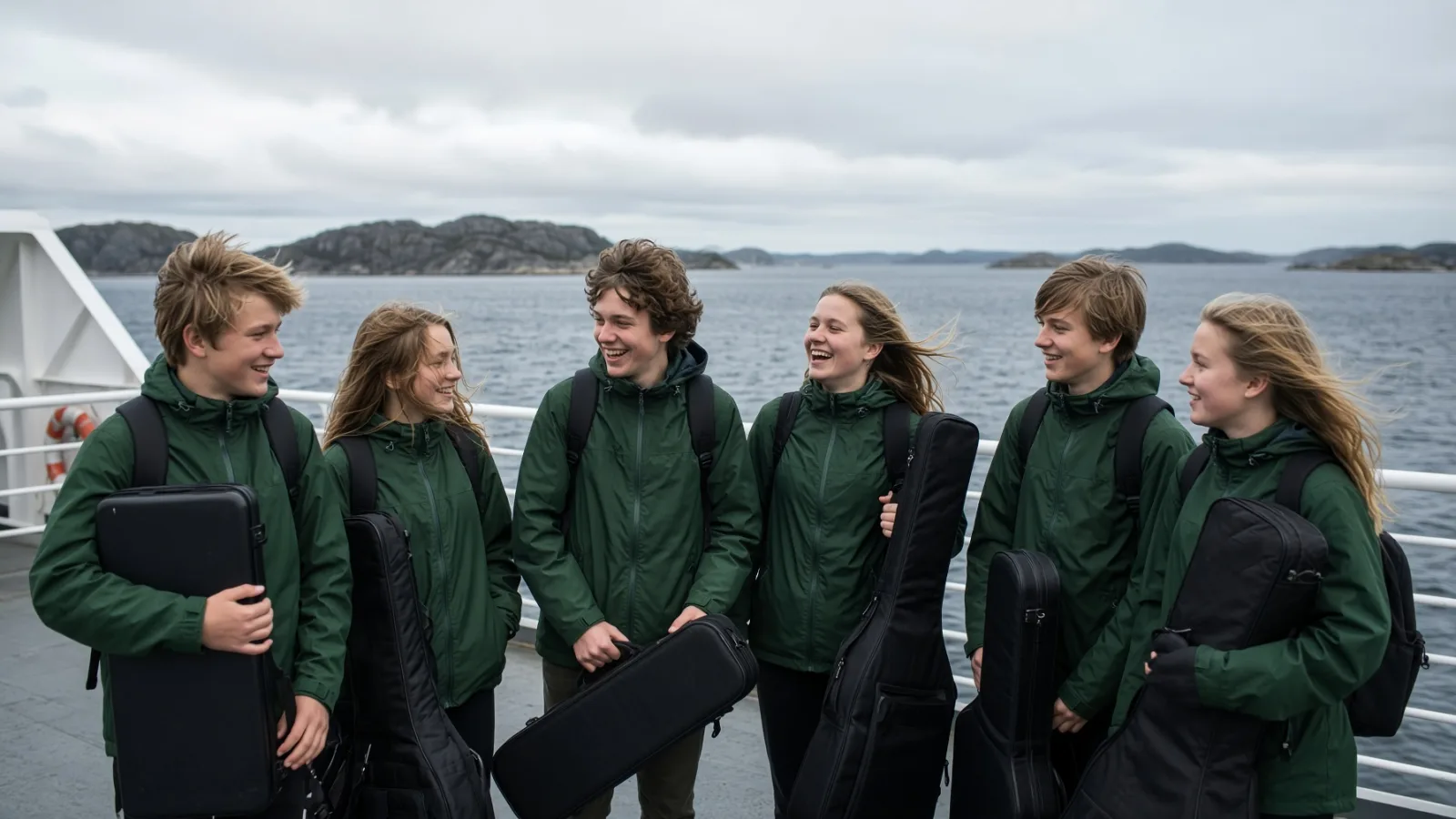 Ungdommer fra korpset med instrumentkasser på ferjedekk, fjorden i bakgrunnen.